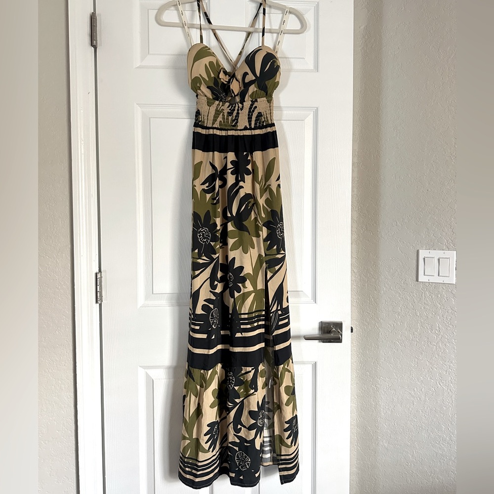 Shore Tropical Floral Maxi Dress in Olive and Black
